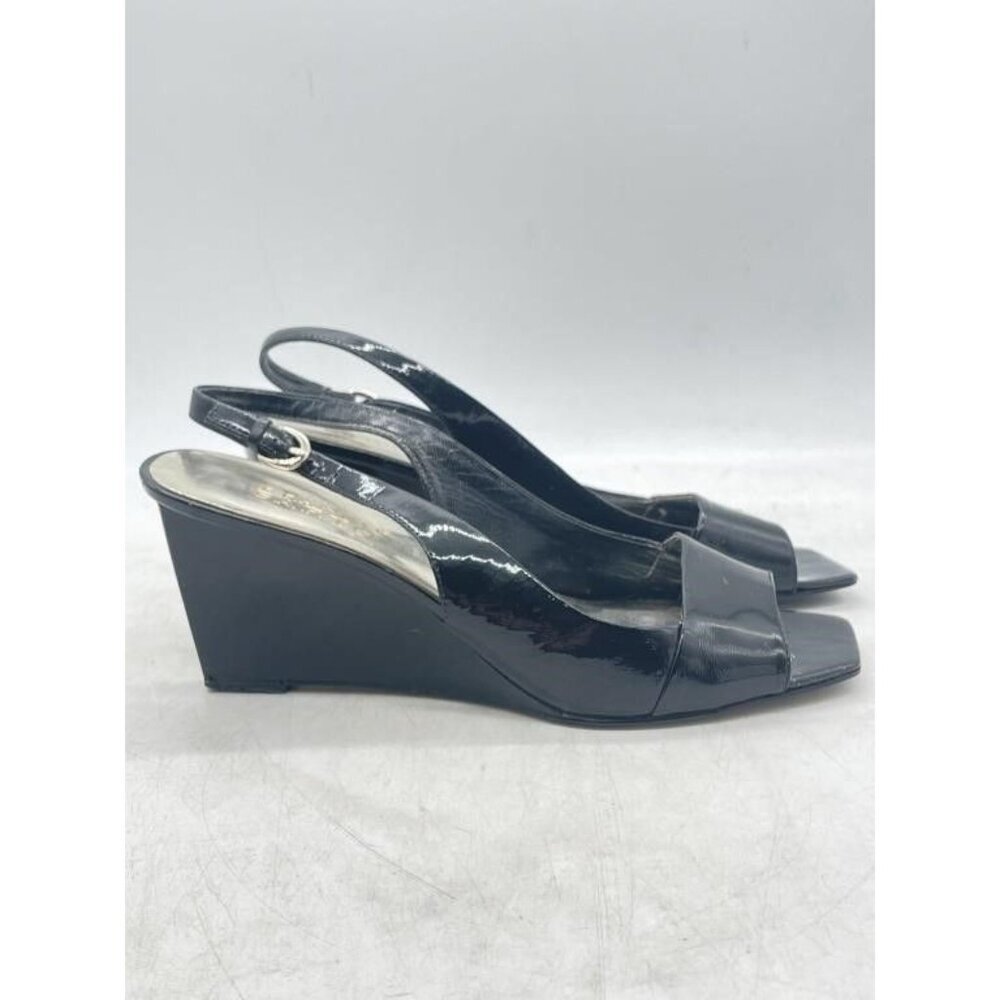 Franco Sarto Black Italian Patent Leather Sling Back Wedges sz 8.5 with 3" heels